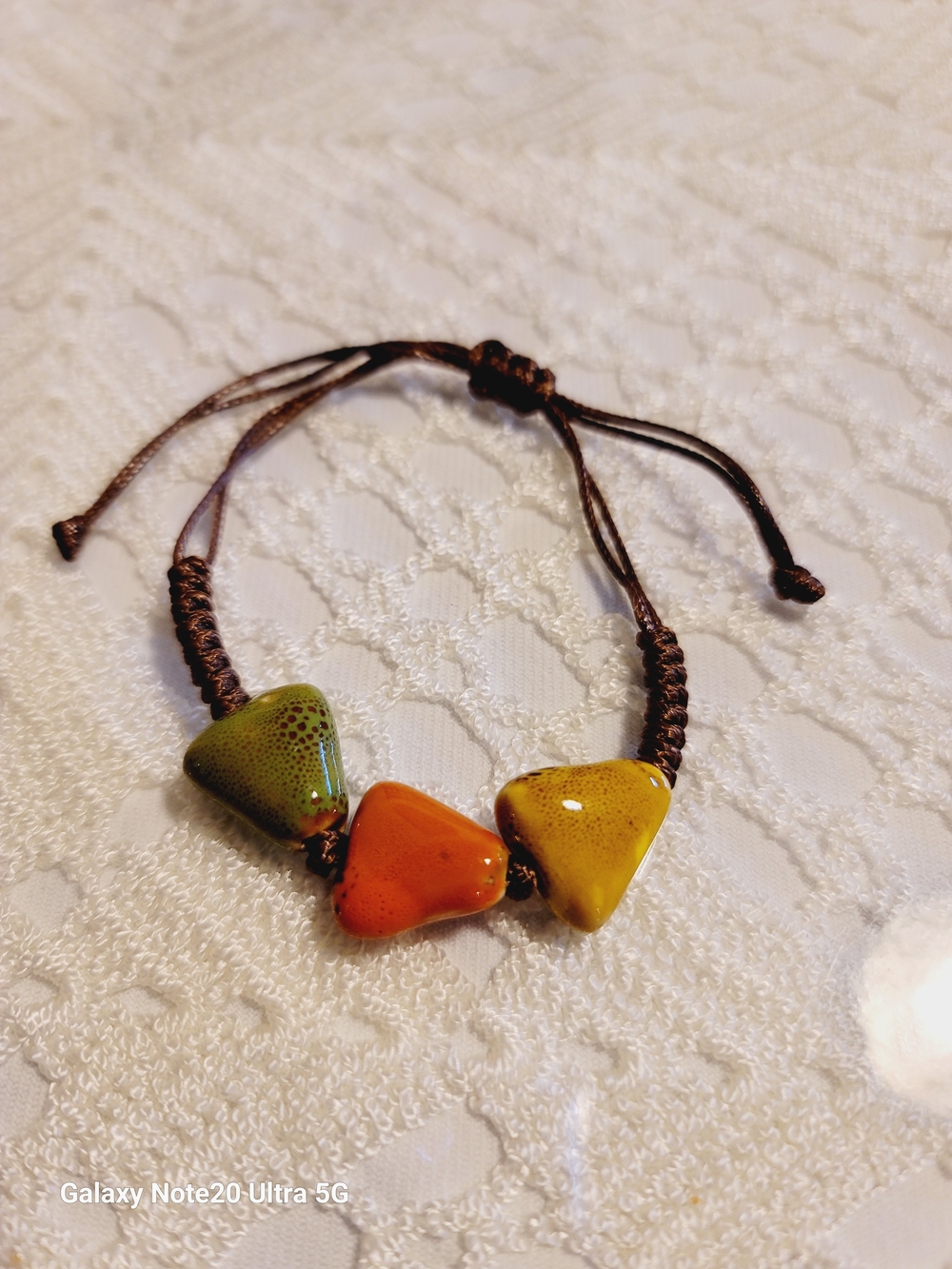 Adjustable Brown Cord Bracelet with Green, Orange and Yellow Ceramic Beads